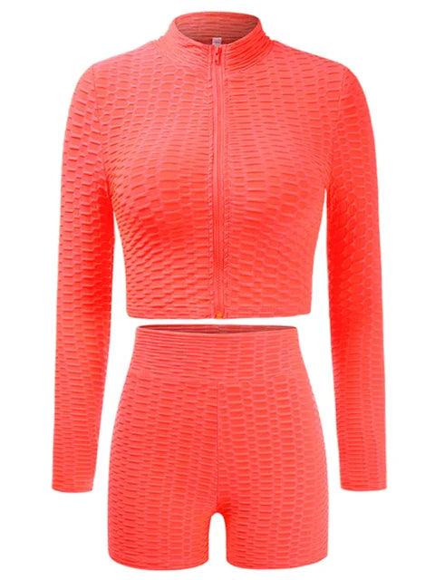 Honeycomb textured zipper crop jacket and shorts - XD21