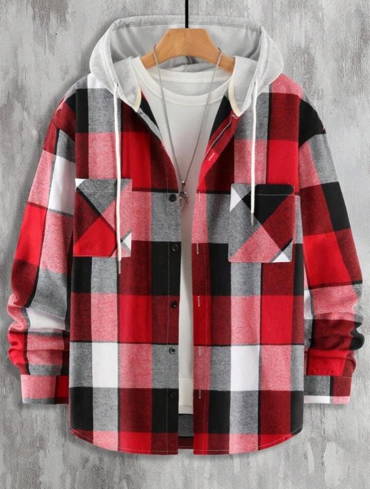 Hooded Flannel Shirt With Pockets XD21