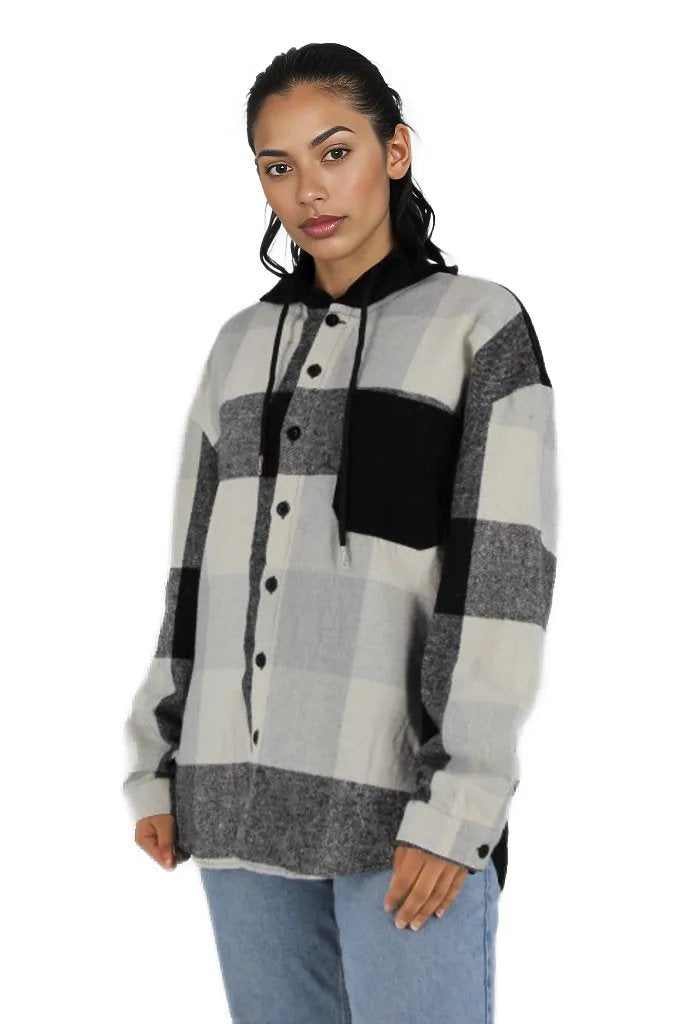 Hooded Flannel Shirt With Pockets XD21