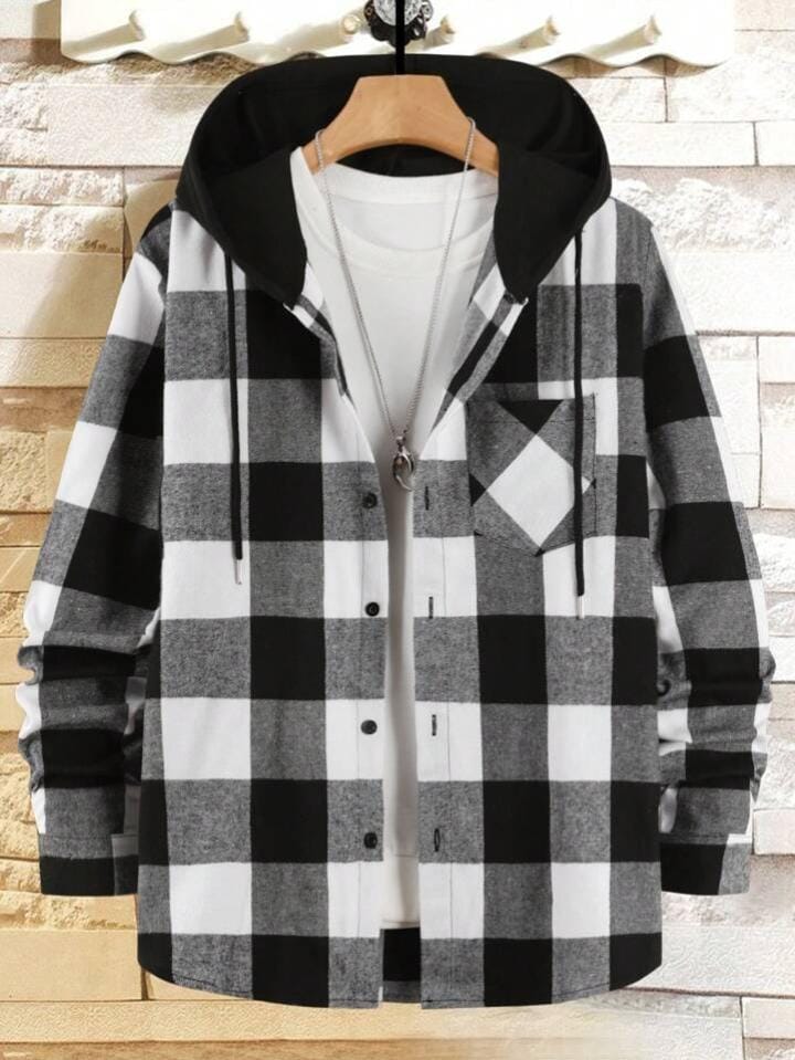 Hooded Flannel Shirt With Pockets XD21