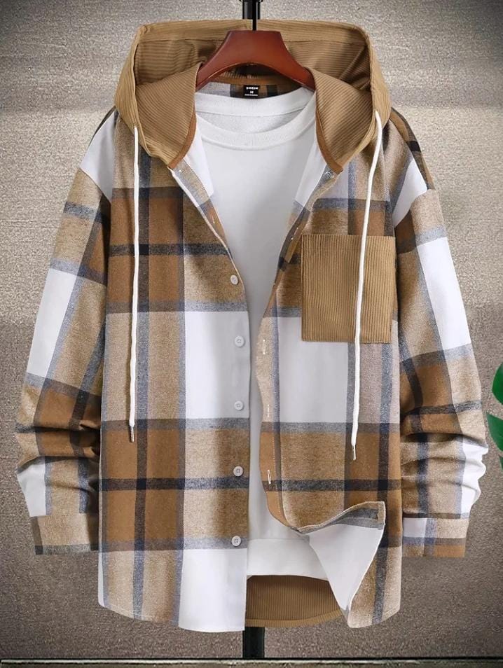 Hooded Flannel Shirt With Pockets XD21