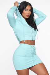 Hooded Zipper Blue Two Piece Skirt Set XD21