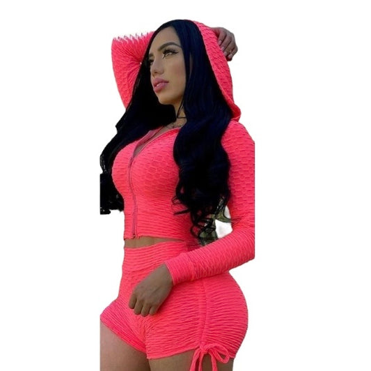 Hooded Zipper Crop Honeycomb Ruched Shorts Gym Set XD21