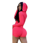 Hooded Zipper Crop Honeycomb Ruched Shorts Gym Set XD21
