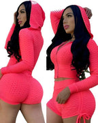 Hooded Zipper Crop Honeycomb Ruched Shorts Gym Set XD21