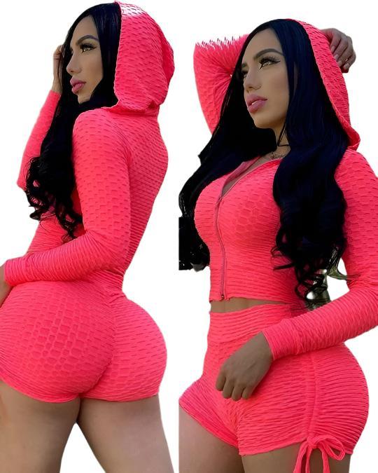 Hooded Zipper Crop Honeycomb Ruched Shorts Gym Set XD21
