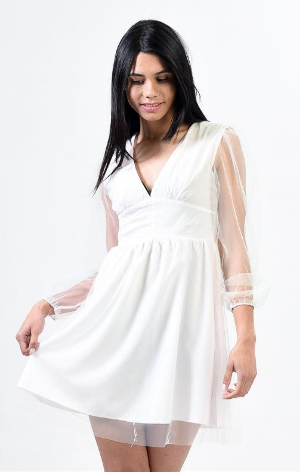 Puff Sleeve Ruched Waist Sheer Mesh Overlay Dress