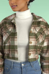 Drop Shoulder Buttoned Plaid Crop Jacket