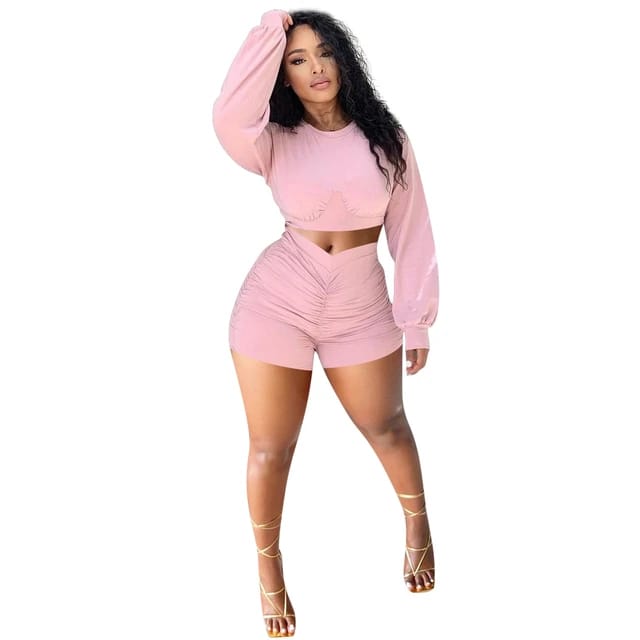 Bishop Sleeve Crop Top and Ruched Shorts