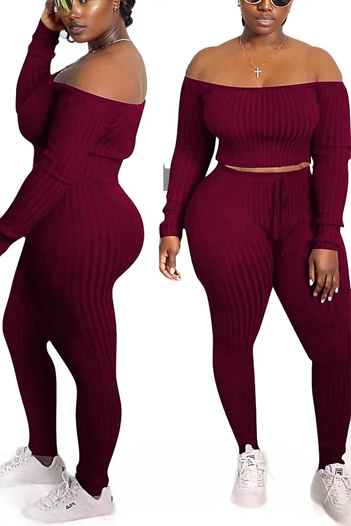 Ribbed Knitted Off Shoulder Crop Top and Leggings Set