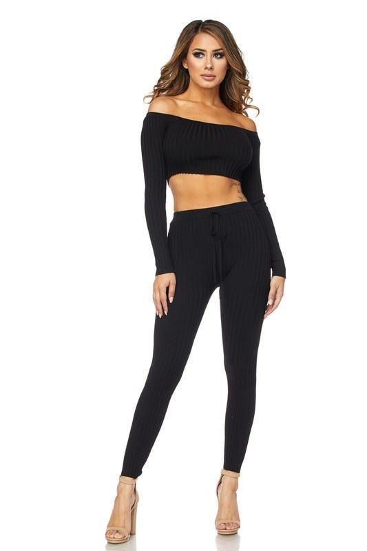 Ribbed Knitted Off Shoulder Crop Top and Leggings Set