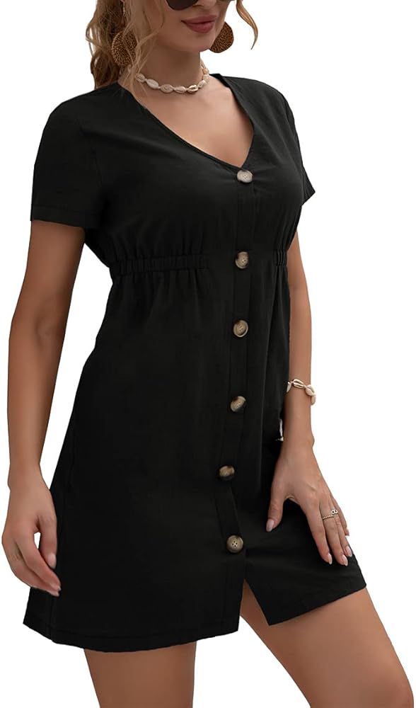 Single Row Buttons V-Neck Mini Dress