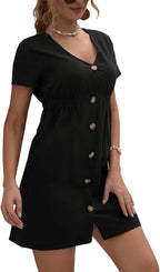 12pc Single Row Buttons V-Neck Mini Dress