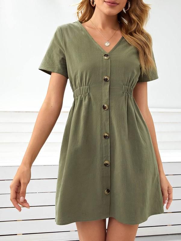 Single Row Buttons V-Neck Mini Dress