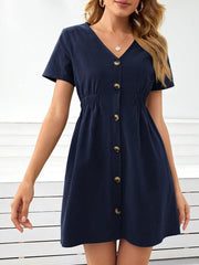 Single Row Buttons V-Neck Mini Dress