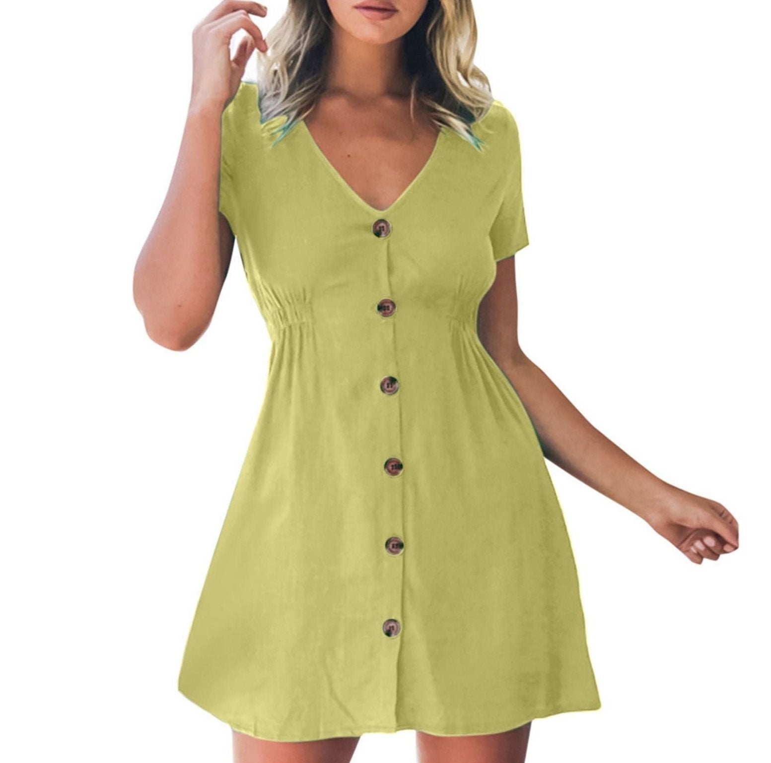 Single Row Buttons V-Neck Mini Dress