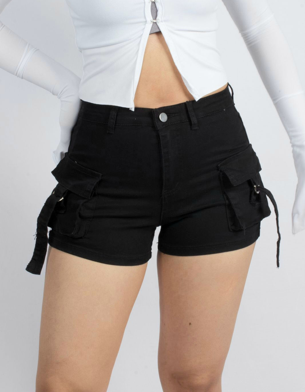 Trendy Black High-Waisted Utility Shorts with Pockets - XD125
