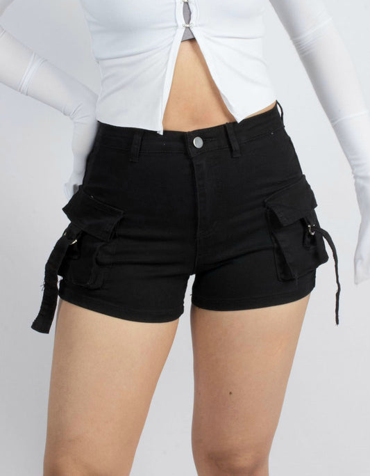 Trendy Black High-Waisted Utility Shorts with Pockets - XD125