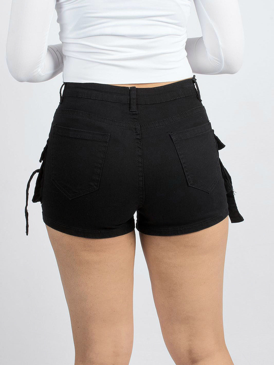 Trendy Black High-Waisted Utility Shorts with Pockets - XD125