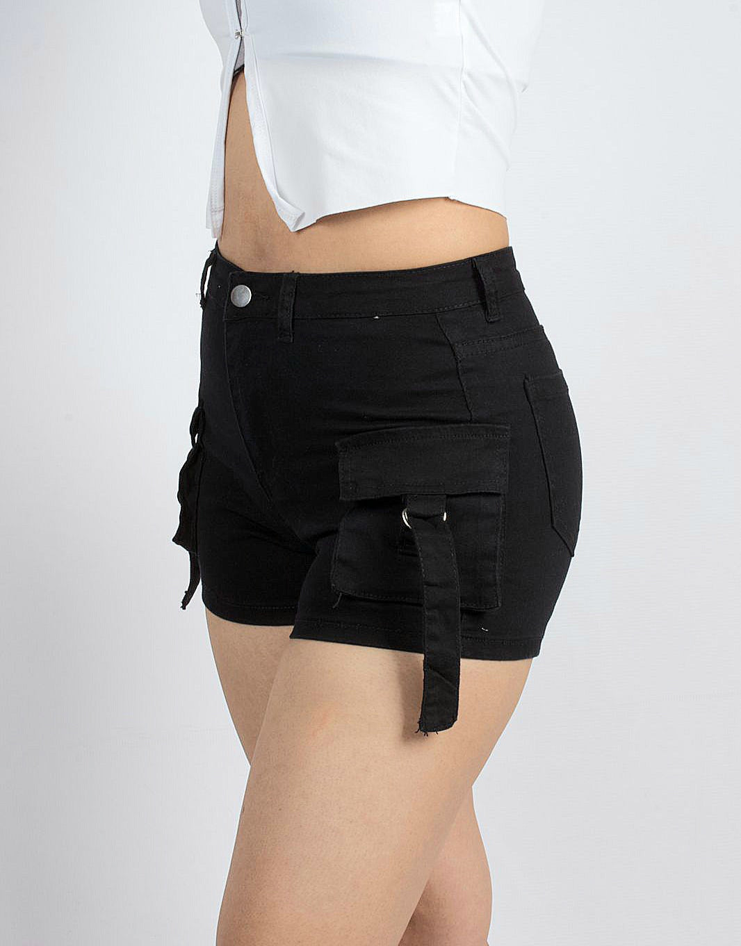 Trendy Black High-Waisted Utility Shorts with Pockets - XD125