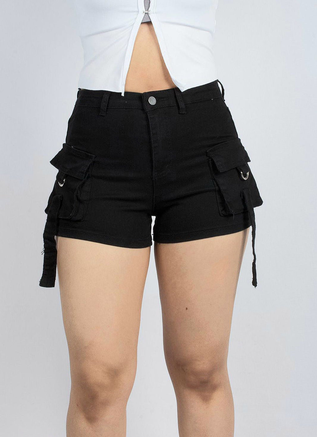 Trendy Black High-Waisted Utility Shorts with Pockets - XD125