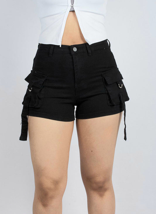 Trendy Black High-Waisted Utility Shorts with Pockets - XD125