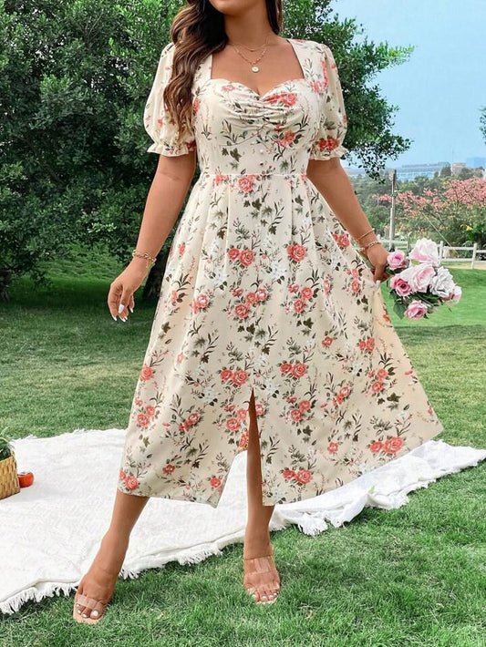 Short Sleeve Sweetheart Neck Midi Floral Dress - Perfect for Any Occasion
