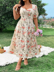 Short Sleeve Sweetheart Neck Midi Floral Dress - Perfect for Any Occasion