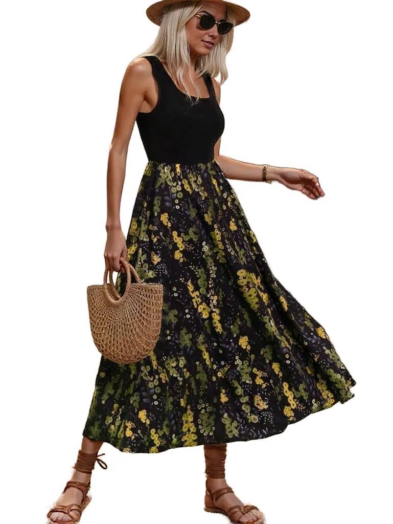 Elegant Two-Tone Maxi Dress – Chic Black Bodice & Flowing Floral Skirt