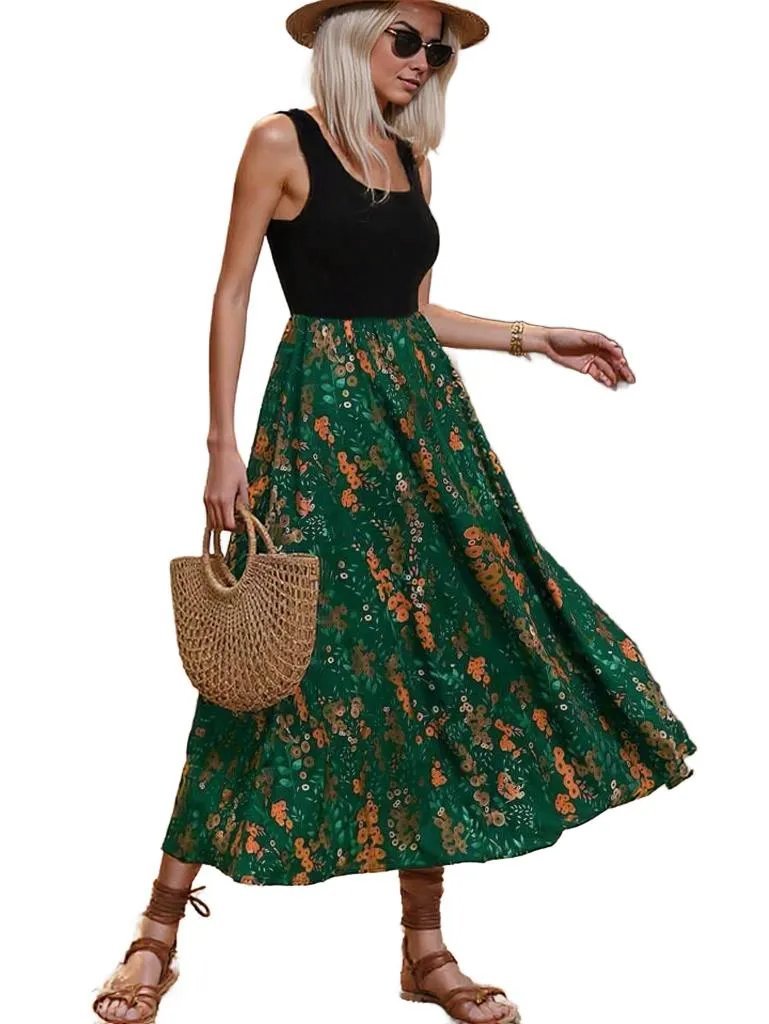 Elegant Two-Tone Maxi Dress – Chic Black Bodice & Flowing Floral Skirt