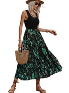Elegant Two-Tone Maxi Dress – Chic Black Bodice & Flowing Floral Skirt
