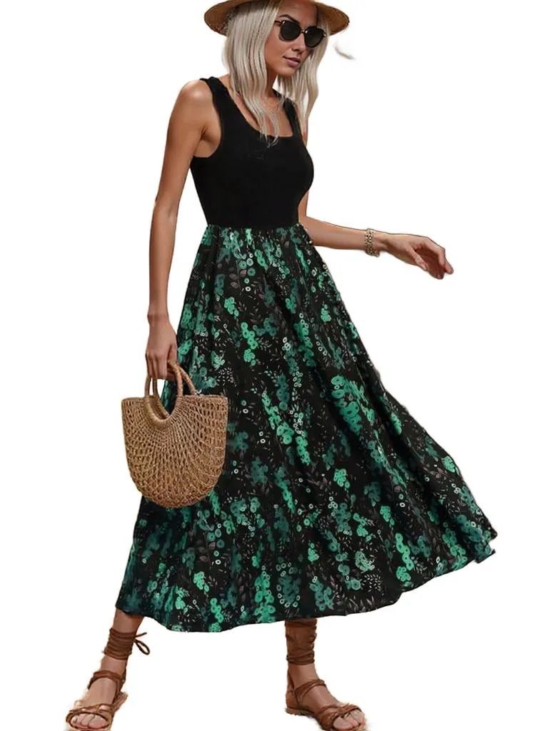 Elegant Two-Tone Maxi Dress – Chic Black Bodice & Flowing Floral Skirt