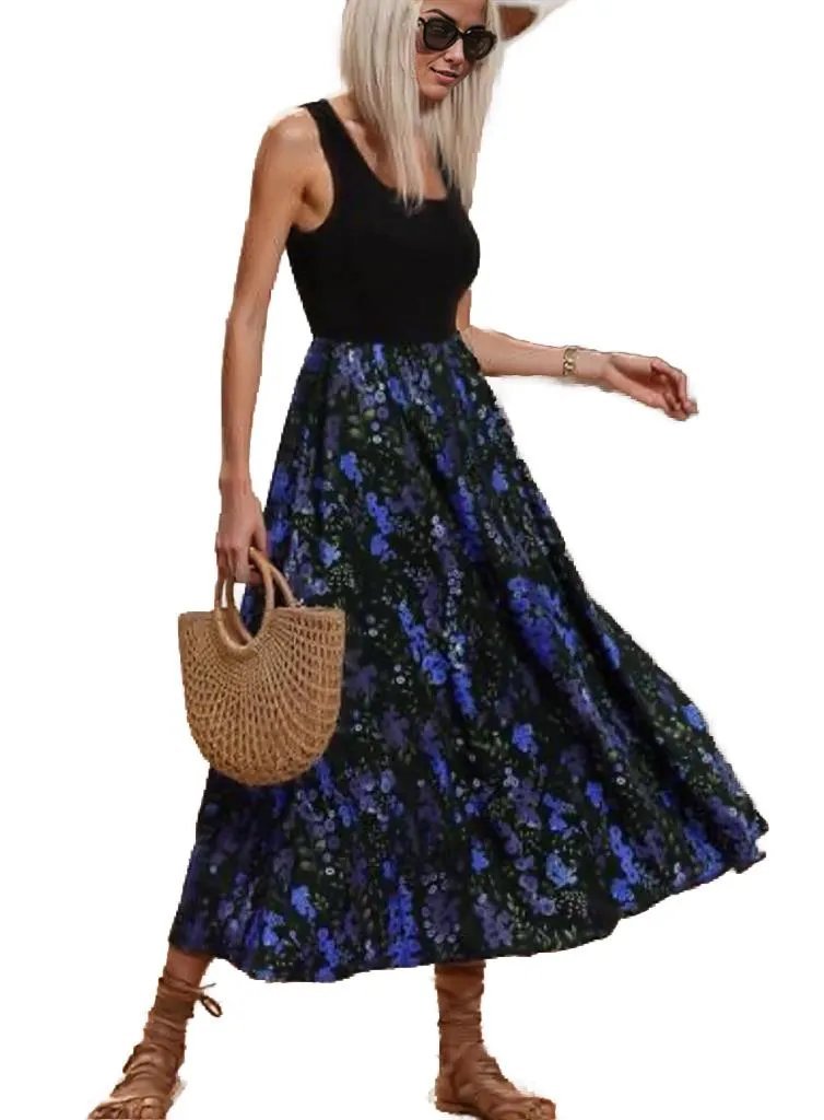 Elegant Two-Tone Maxi Dress – Chic Black Bodice & Flowing Floral Skirt