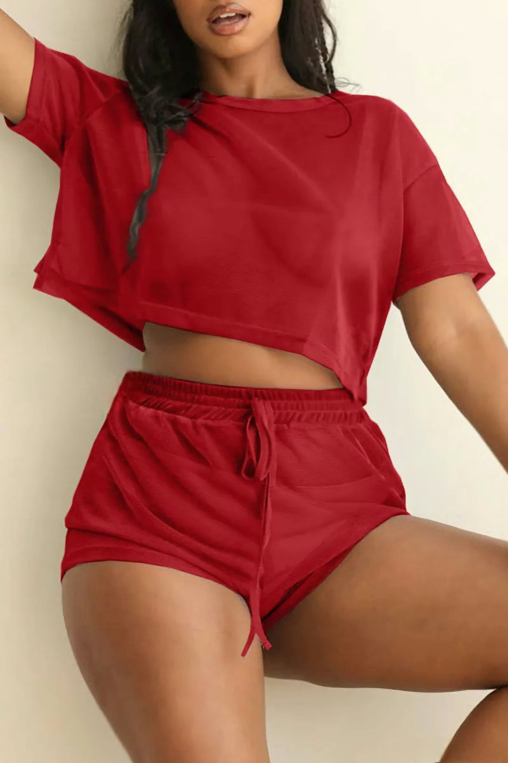 Mesh Sheer Crop Top and Shorts Matching Set