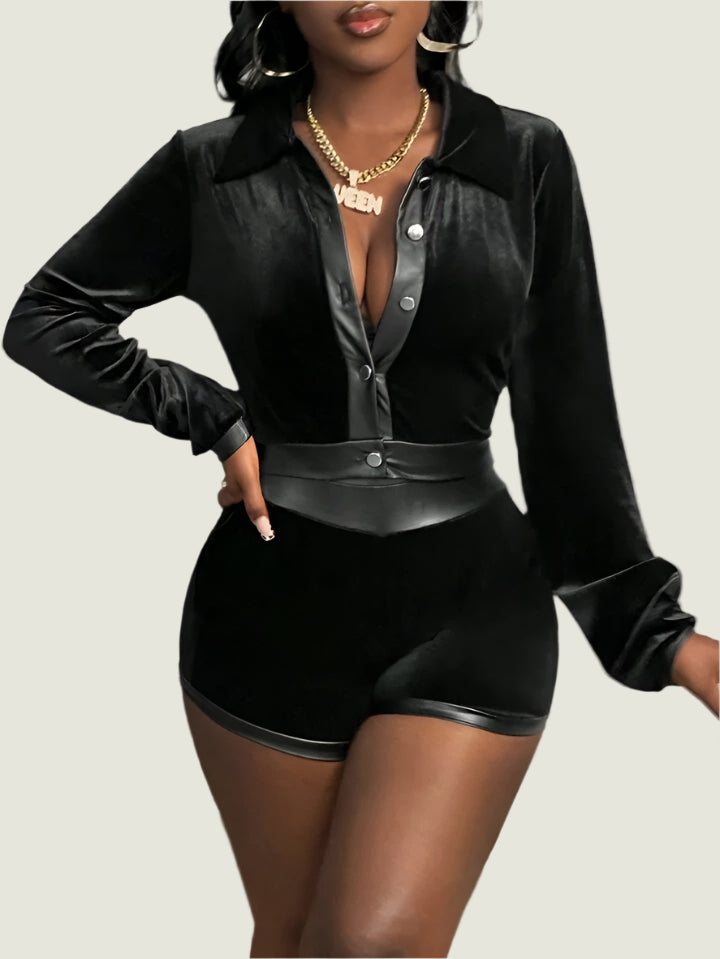Velvet Leather Two Piece Shorts Jacket Set