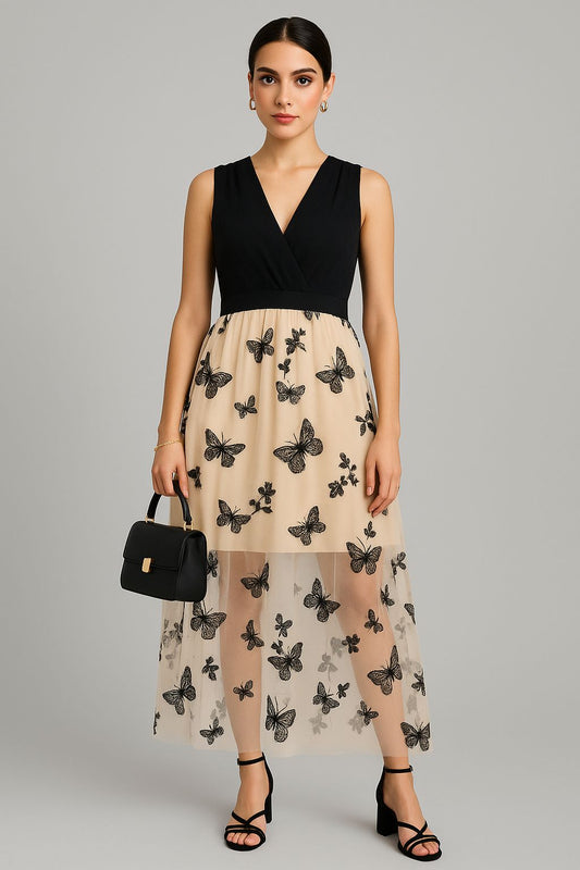 Butterfly Embroidered Maxi Dress - Sleeveless Elegant Gown
