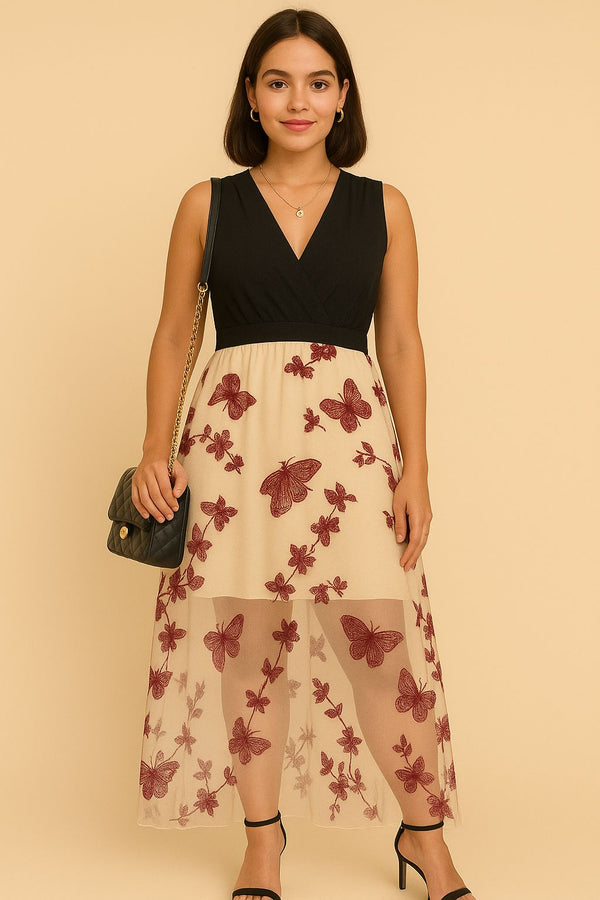 Butterfly Embroidered Maxi Dress - Sleeveless Elegant Gown