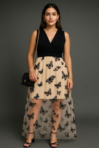 Butterfly Embroidered Maxi Dress - Sleeveless Elegant Gown