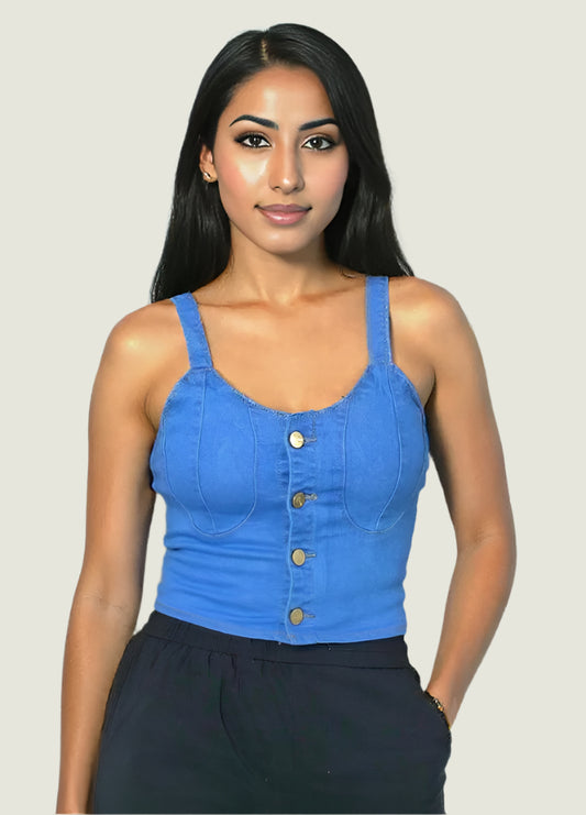Button-Up Denim Crop Top –  Blue | Trendy Sleeveless Bustier