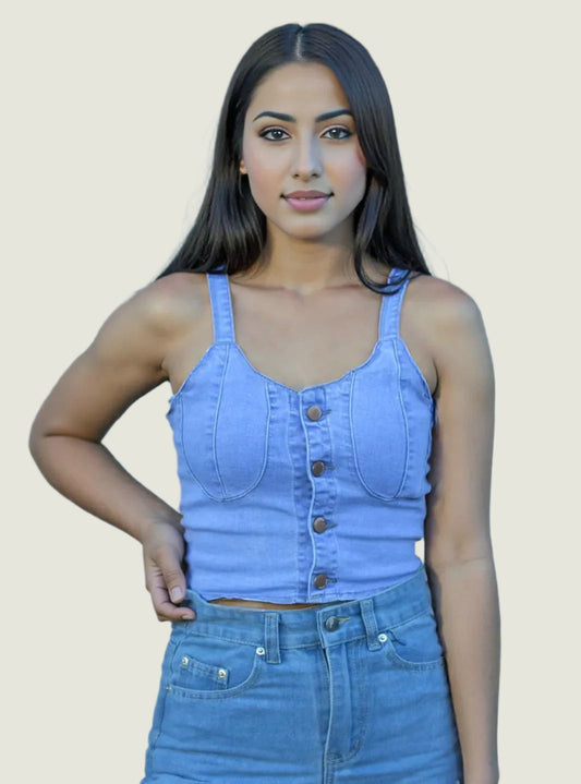 Button-Up Denim Crop Top – Light Blue
