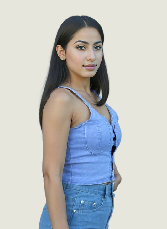 Button-Up Denim Crop Top – Light Blue