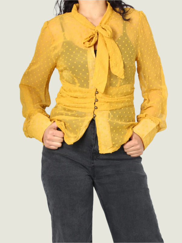 Sheer Dotted Tie Bow Blouse