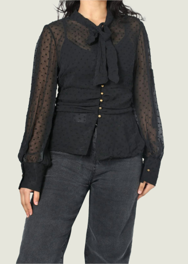 Sheer Dotted Tie Bow Blouse