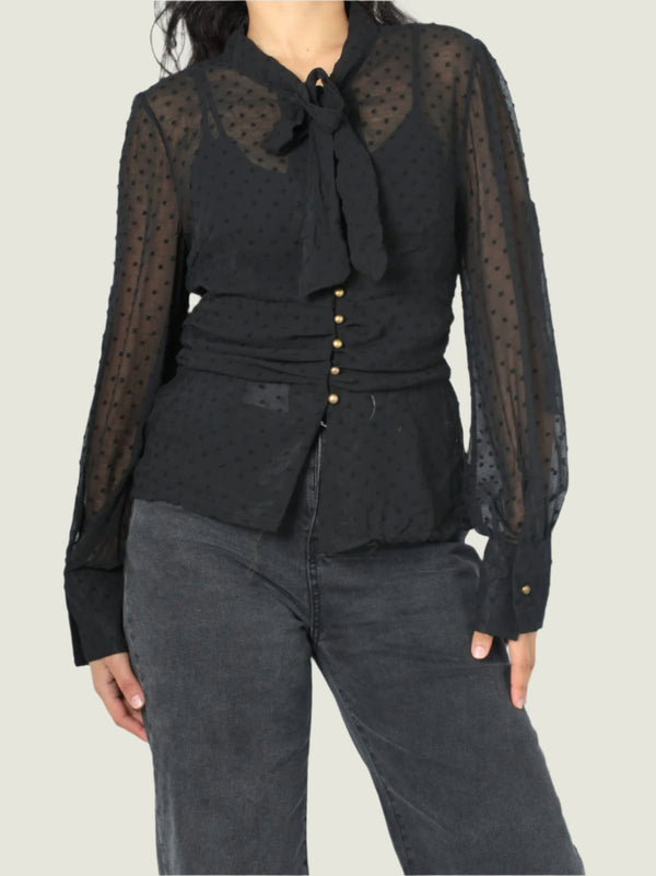 Sheer Dotted Tie Bow Blouse