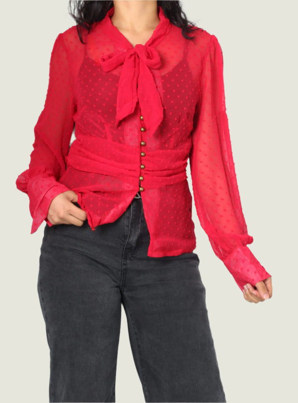Sheer Dotted Tie Bow Blouse