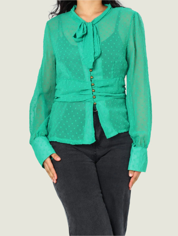 Sheer Dotted Tie Bow Blouse
