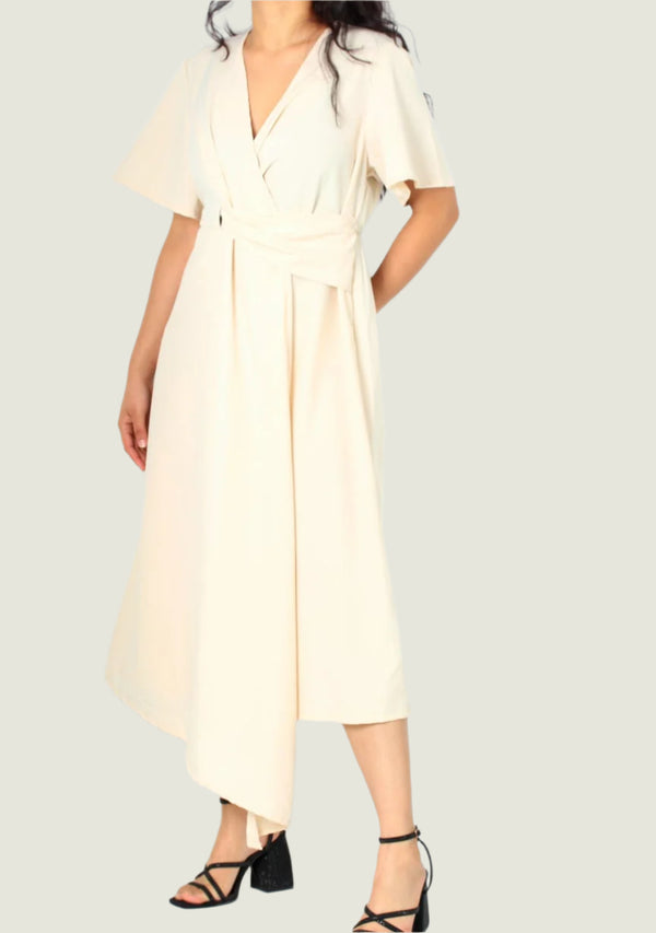 Elegant Wrap Style Midi Dress - Flutter Sleeves