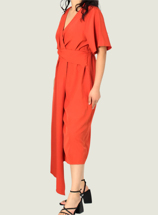Elegant Wrap Style Midi Dress - Flutter Sleeves