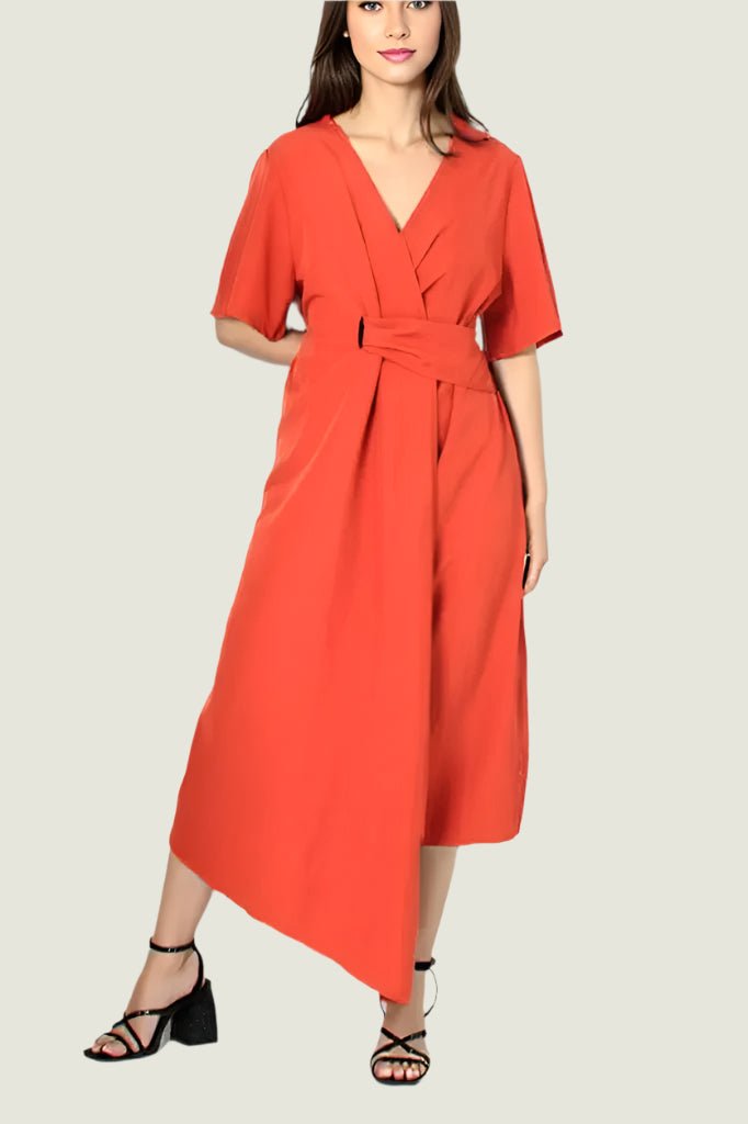 Elegant Wrap Style Midi Dress - Flutter Sleeves