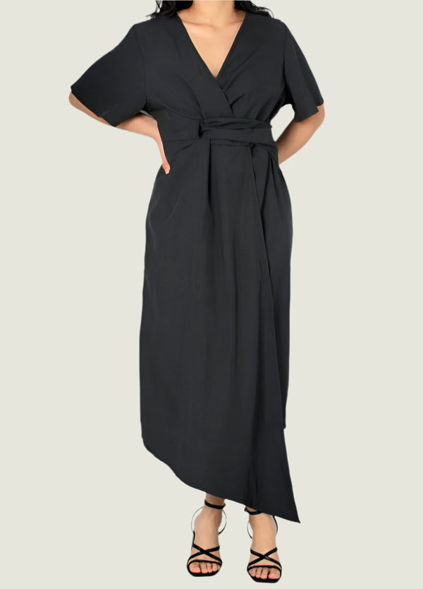 Elegant Wrap Style Midi Dress - Flutter Sleeves